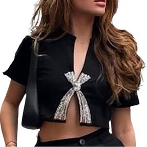 Commense NWT Crystal Bow Appliqué  Cropped Short Sleeve Top in Black Size XS